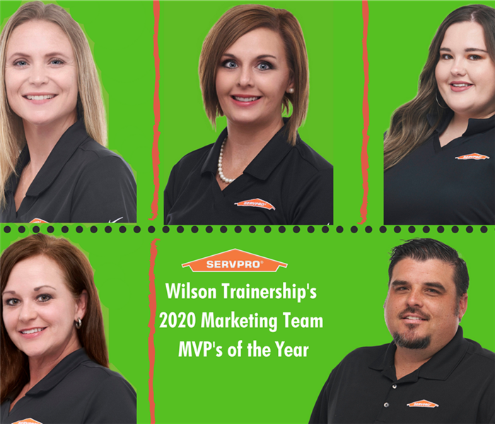 men and women in black polos and green background